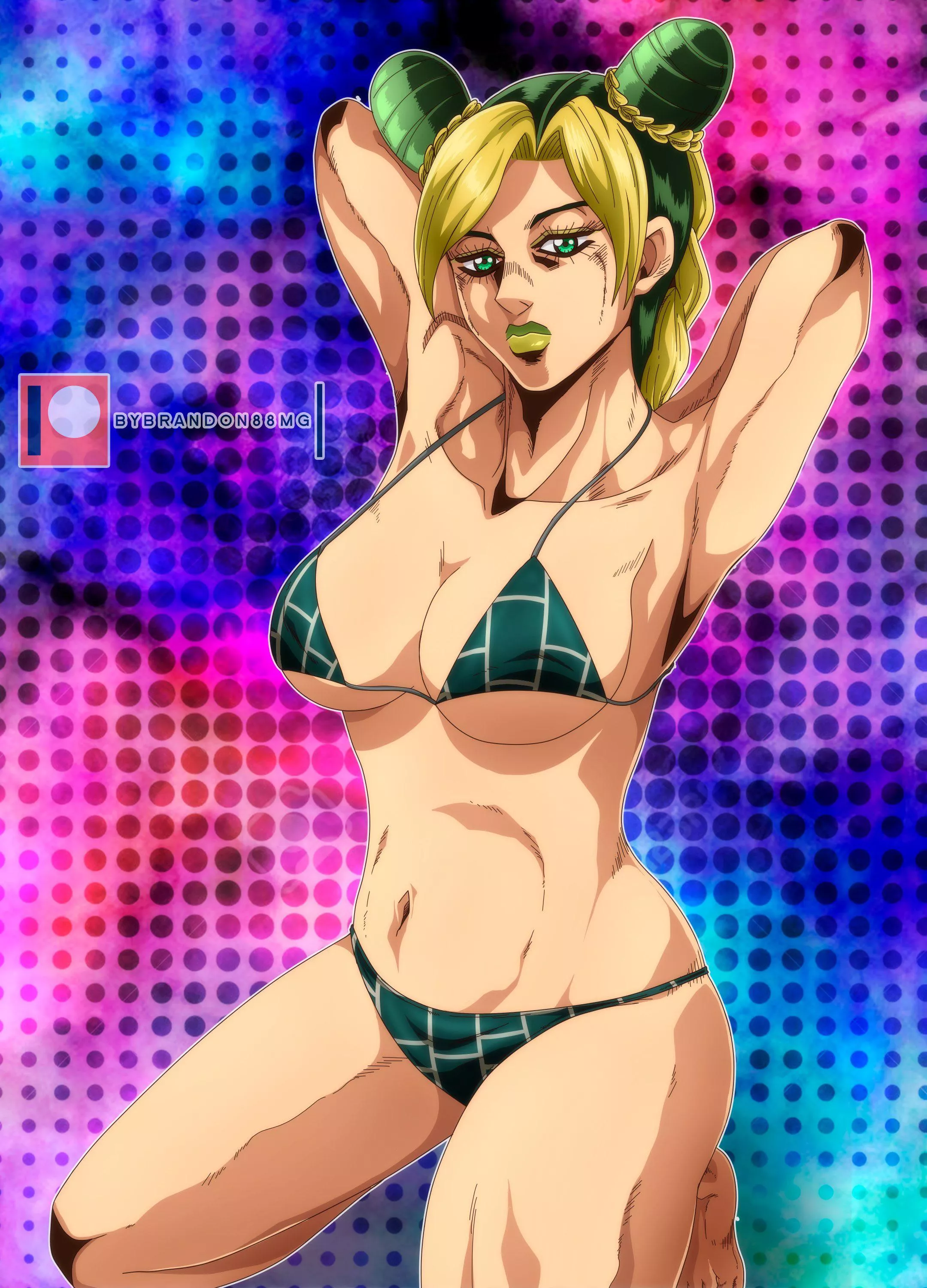 Jolyne in a bikini has her arms up showing her armpits