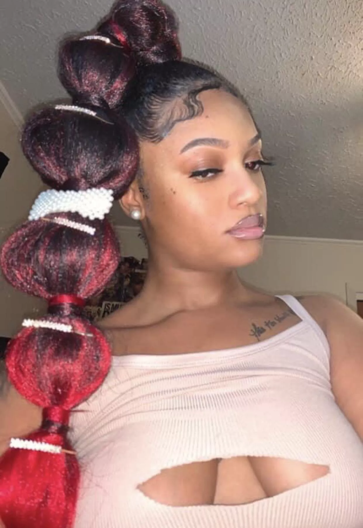 just finished experimenting with my n***** hair and cutting the cleavage out my shirt like the shameless n***** mom I am 🥰👅 WICKR//FineAssSub