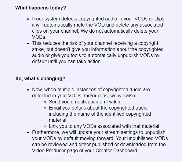 Just got this email. So from now on, any streams that contain copyrighted audio like music will be delisted?