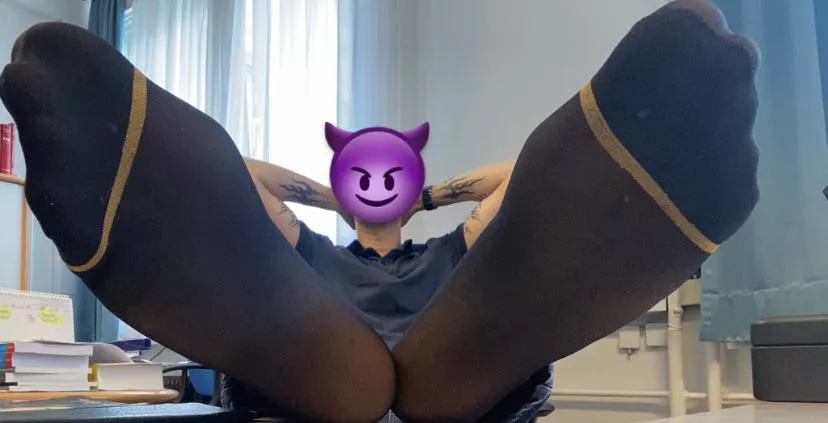 just waiting for a willing servant to worship my sweaty big GodFeet in those ultra thin black sheersocks!