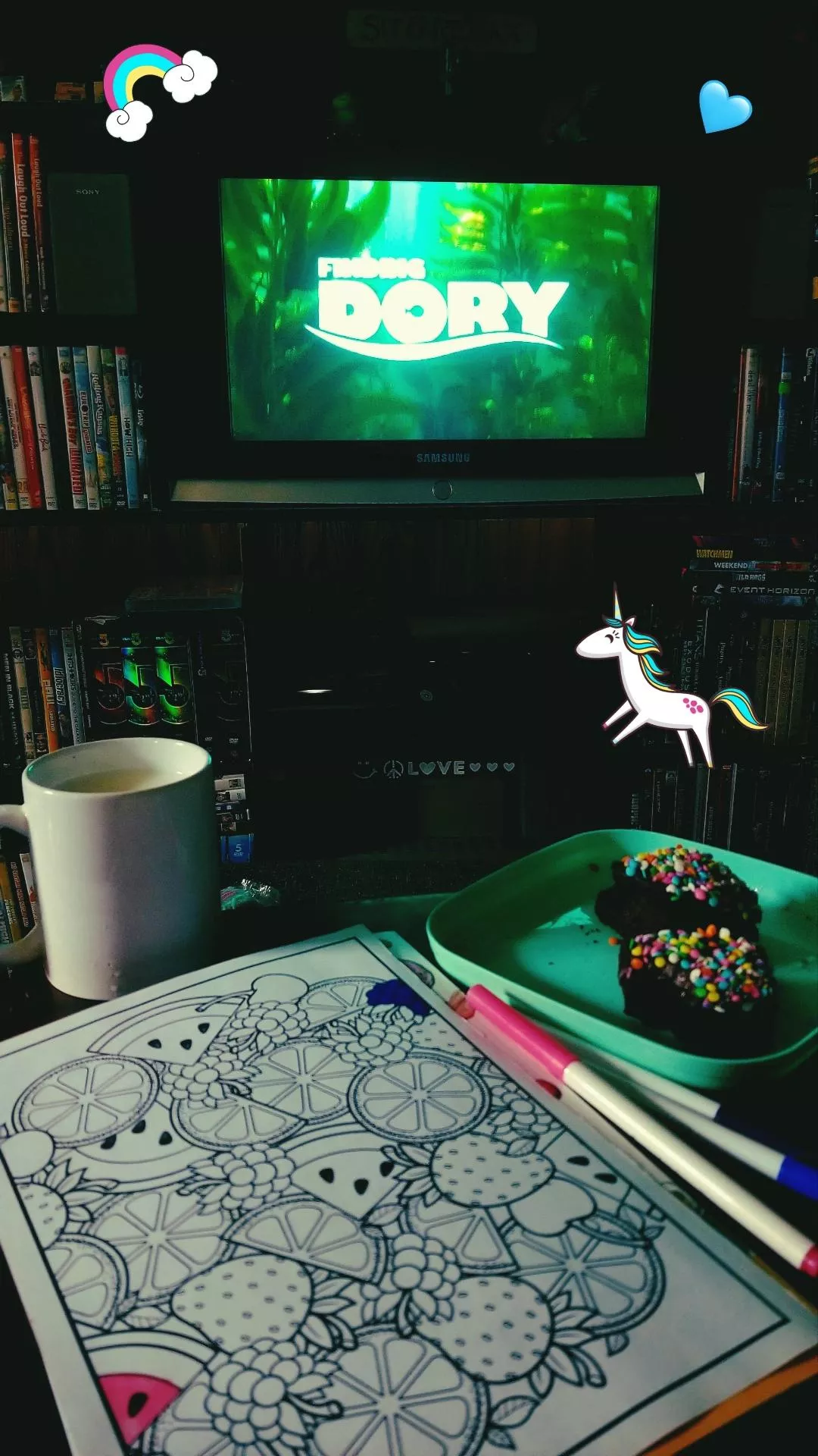 Lazy Sunday 🖍🐠🧁 Daddy picked a movie and got me a sprinkle brownie with milk while I color. I love the way he loves me. 🤗😍