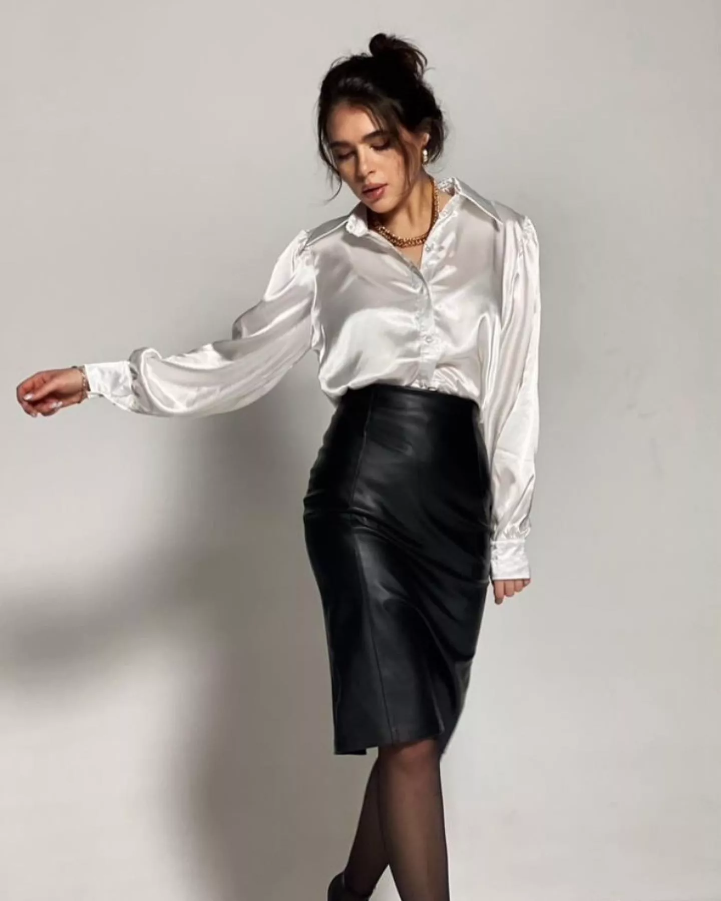 Leather Skirt, Satin Blouse