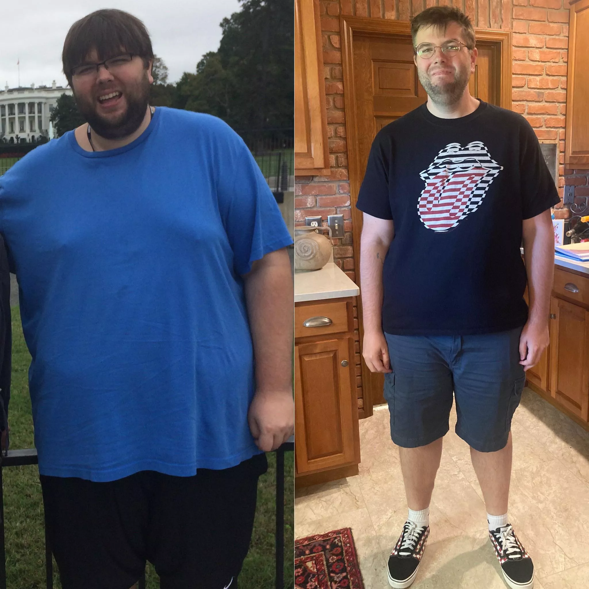 Left - 10/14/2017, 400lbs (4XLT shirt) / Right - 05/09/2022, 285 lbs (XL shirt)