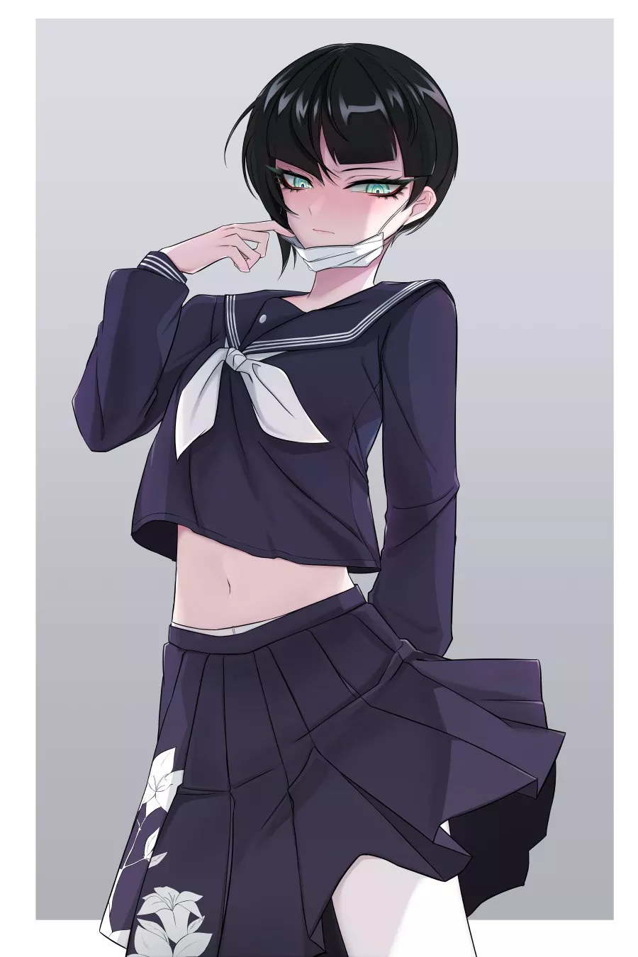 LF Color Source 1boy mask crossdressing black_hair short_hair skirt school_uniform female_uniform