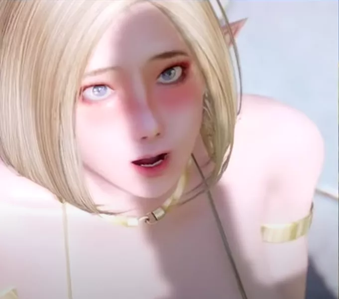 LF Color Source, 1girl, blonde hair, 3danimation, Pointy ears, elf, cock, cock shadow, pale skin, blue eyes, gold jewelry, blushing,