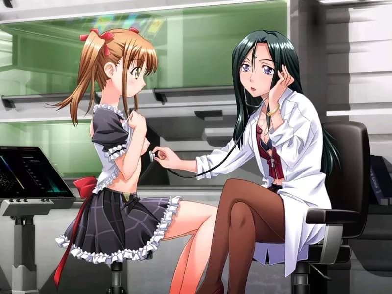 LF color source: 2girls, black skirts, doctor, nipples, no bra, pantyhose, stethoscope, shirt lift, long hair, twintails, sitting, mini-skirt