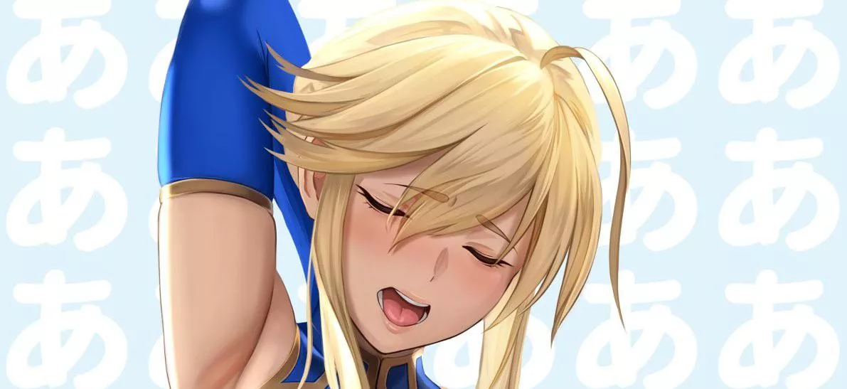 LF Color Source: Fate Series, Saber, Artoria Pendragon, Short Hair, Blonde, Armpits, Blushing, Mouth open, Closed eyes, Long gloves, Arm up, Moaning, Repeating Background text: â€œã‚â€