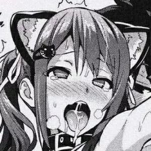 LF Mono Source: 1boy, 1girl, ahegao, animal ears, armpit, bangs, belt collar, blush, breath, cat ears, cat hairclip/hair clip, close up, ear fluff, face, hair ribbon, kemonomimi, one arm up, open mouth, saliva trail, shiver, sidelocks, sweat, tears, tong