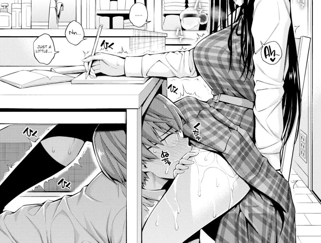 LF Mono Source: 1boy, 1girl, under table, cunnilingus, eating pussy, distracted, upskirt, glasses, drool, long dark hair, â€œAhâ€¦â€, â€œNnâ€¦â€, â€œJust a littleâ€¦â€