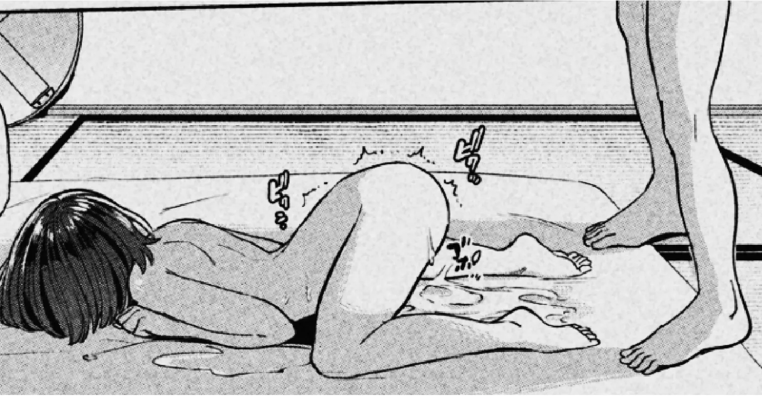 LF Mono Source: 1girl, 1boy, nude, face down, male out of frame, after sex, cum, cumdrip, cum pool, all fours, trembling/shaking, tatami, from side, on stomach, bob cut, short/medium hair, black hair, futon, top down bottom up, sfx