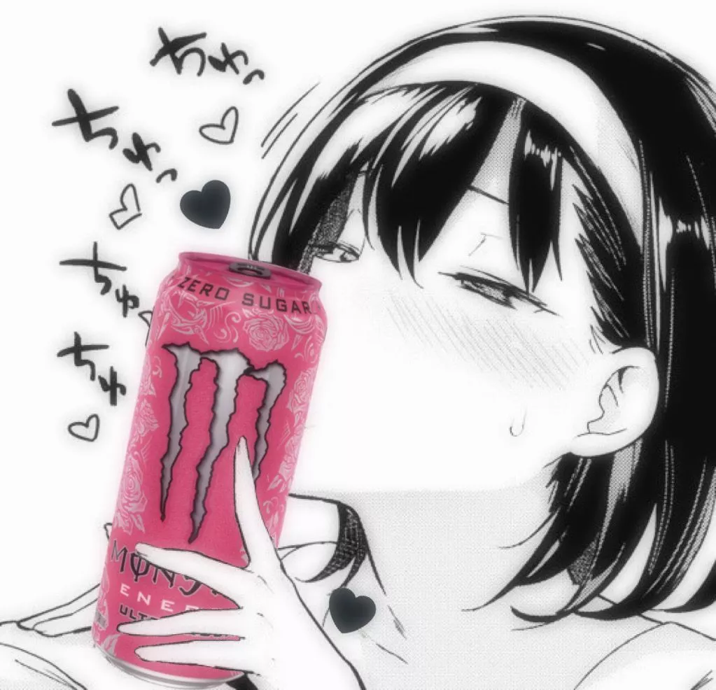 LF Mono Source: 1girl, 1boy, short hair, white headband, Monster Energy drink, kissing dick, blowjob, blushing, sweat, heart sfx