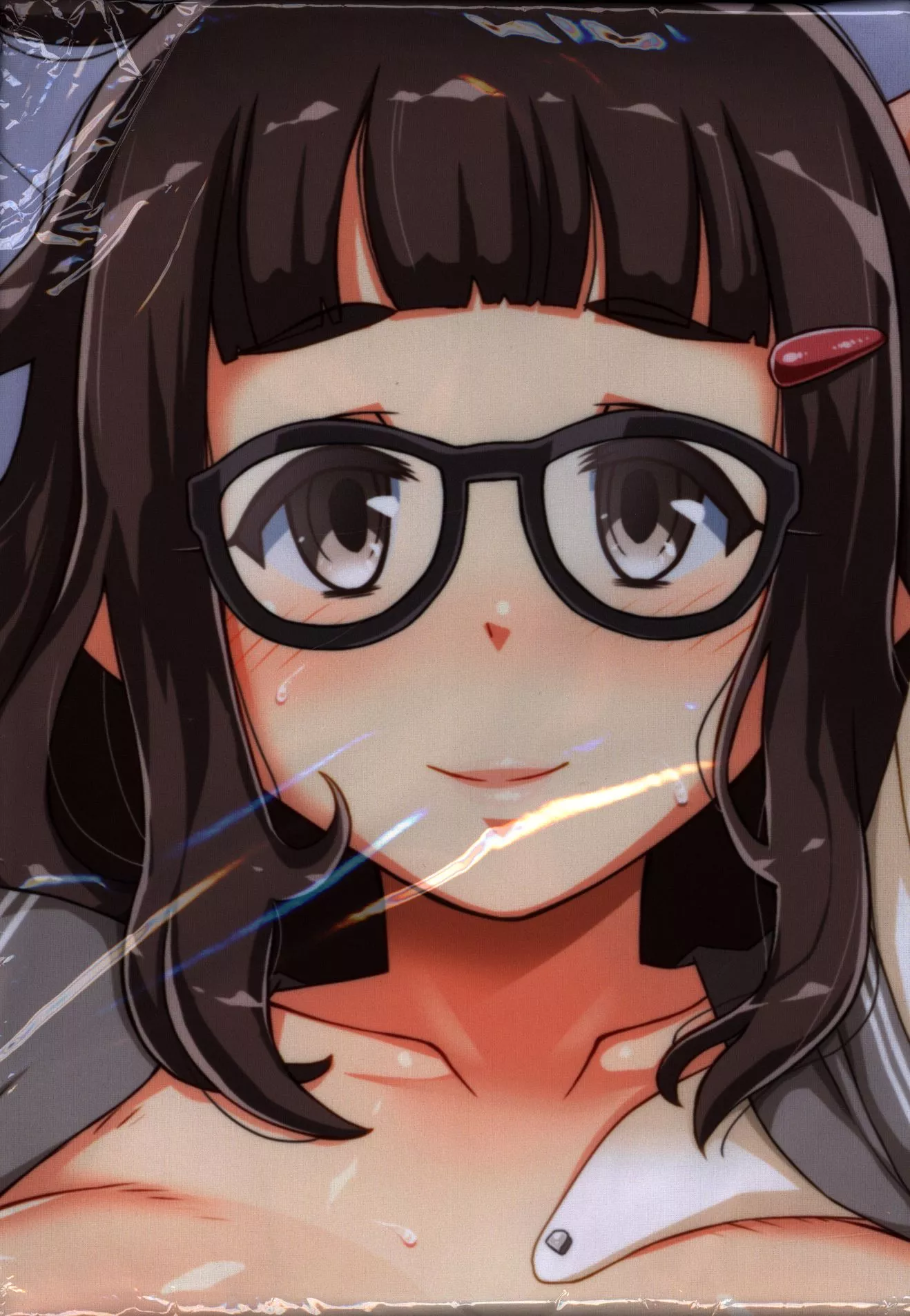 LF Mono Source: 1girl, glasses, smile, blushed, short hair, brown hair, mostly nude