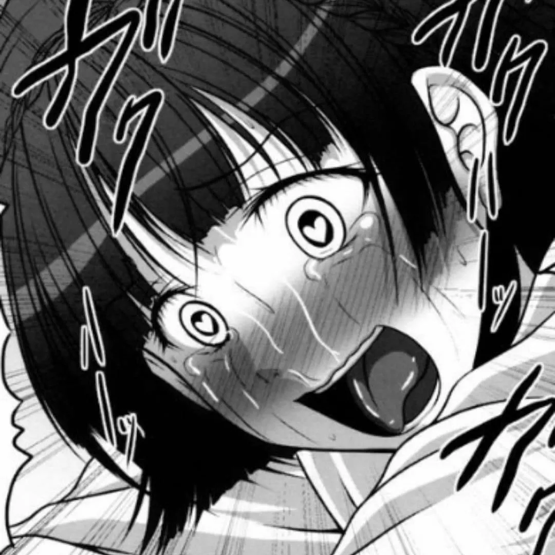 LF Mono Source: 1girl, heart shaped pupil, short hair, black hair, eyes open, mouth open, tongue out, blushing, sweating, crying, Makoto Niijima, Persona 5, face focused, japanese text, SFX