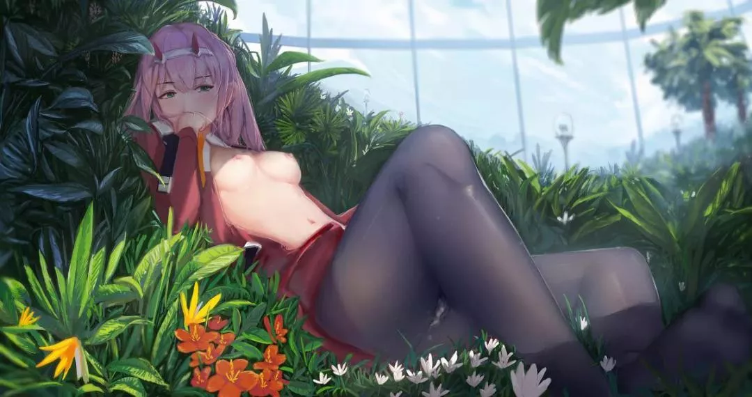 LF Mono Source: 1girl, plants, flowers, horns, pink hair, leggings, open chest, forest