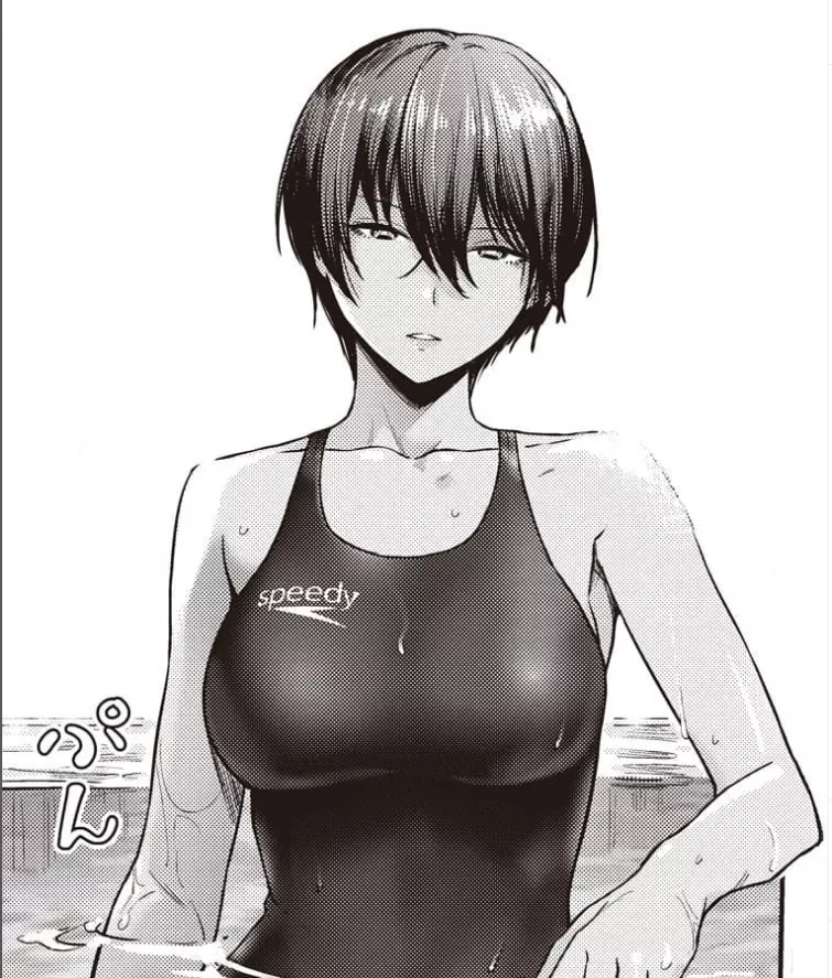 LF mono source, 1girl, tanned, short hair, swimsuit, speedy, wet