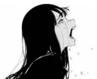 LF mono source, no text, doujin, from side, straight black hair, bangs, tears, mouth open, dressed