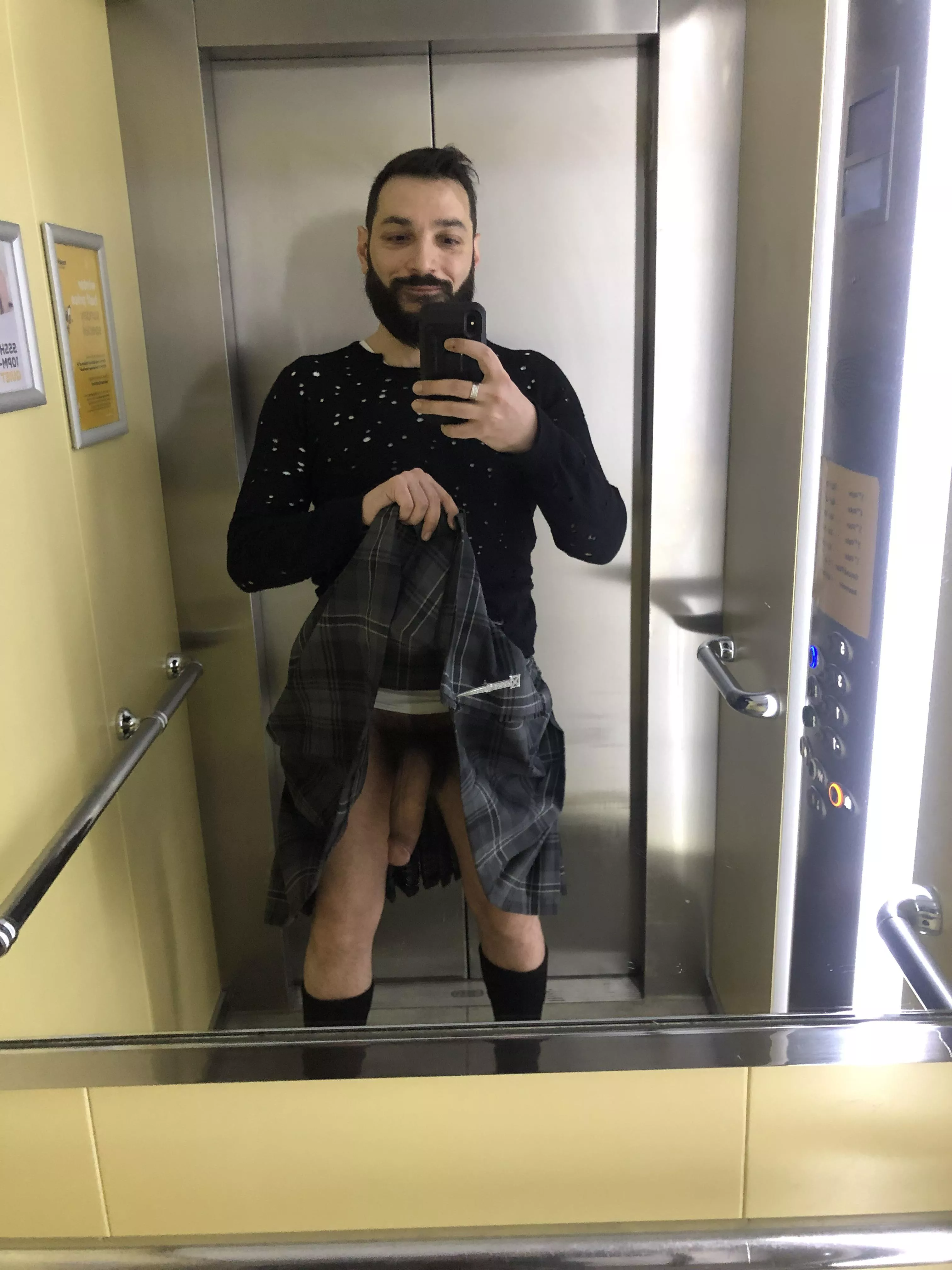 Lifting my kilt in the elevator for a routine check