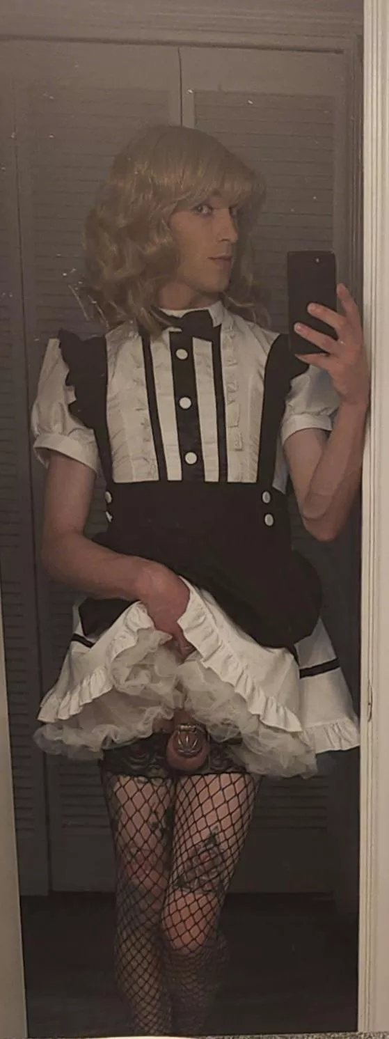 Locked away white sissy maid showing her cage!