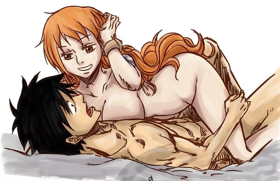 Luffy and Nami waking up after a wild night