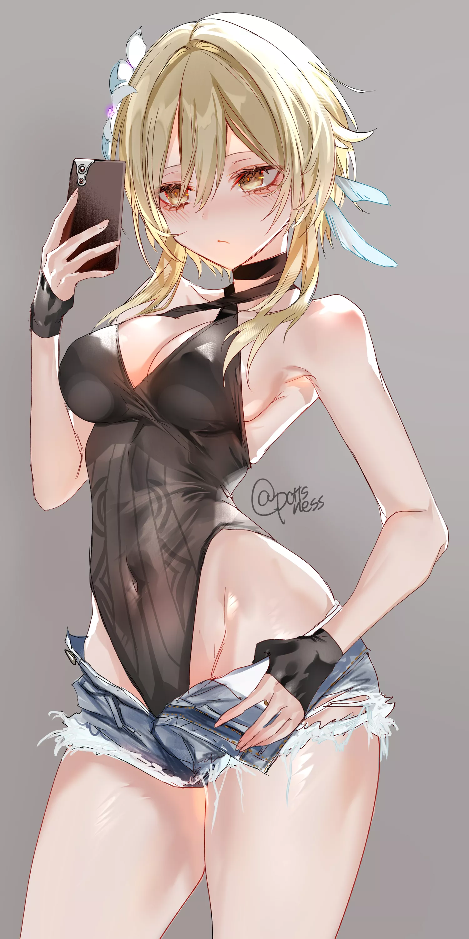 Lumine Black Leotard Selfie In Short Shorts (Pottsness) [Genshin Impact]