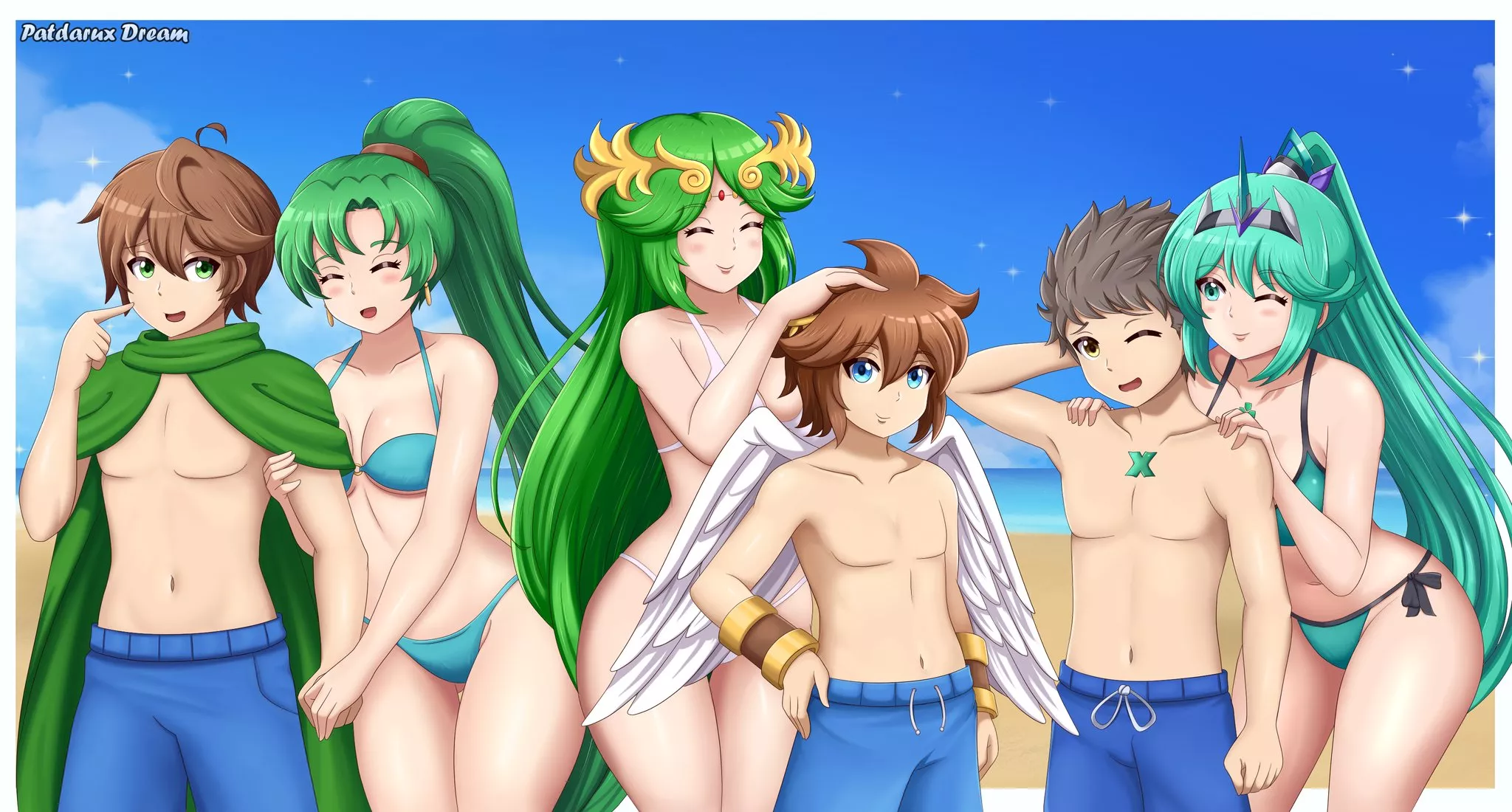 Lyndis, Palutena, and Pneuma taking Mark, Pit and Rex on a beach date