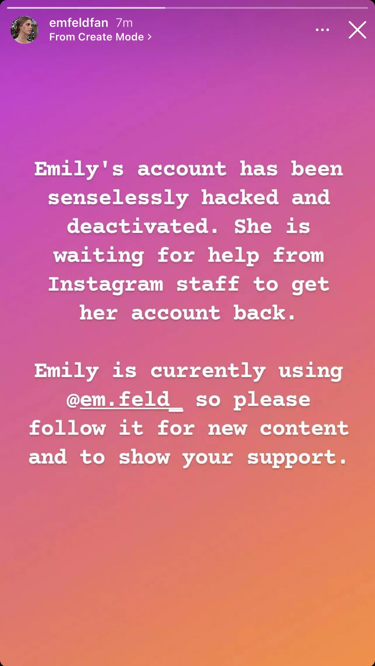 Message from a fan page Emily’s old account followed