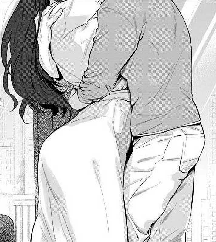 Mono: 1boy, 1girl, head out of frame, long hair, black hair, hug/embrace, standing, white coat/white dress, long sleeves rolled up, from side, pocket, arms around another's back/waist, milf/mature female (?), arms up, arched back, textless