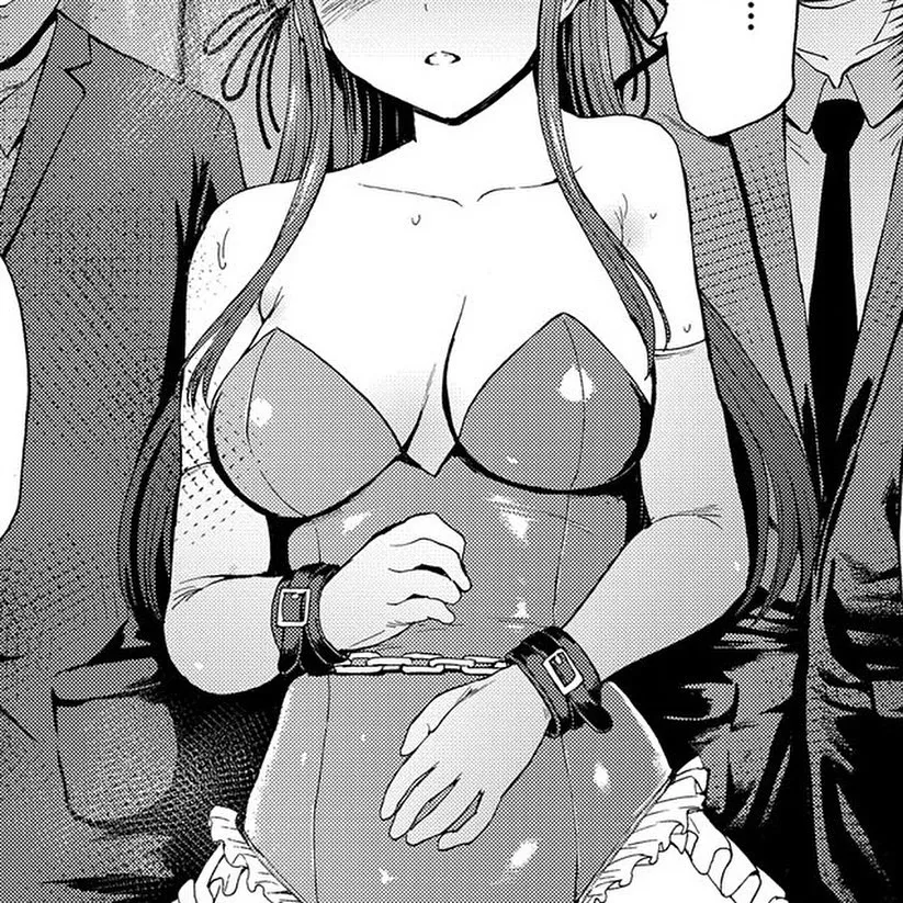 Mono: 1girl, 2boys, long hair, dark hair, head out of frame, playboy bunny girl, bunnysuit, handcuffs/hand cuffs, bondage/bdsm, frills, elbow gloves, bare shoulders, formal clothes, suit/tuxedo, necktie, collarbone, open mouth, hair ribbon, blush, sweat,