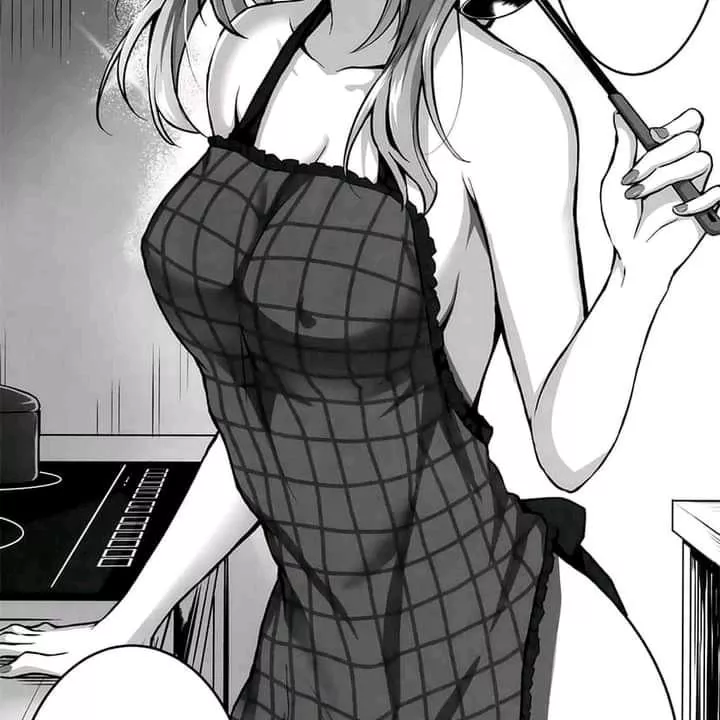 Mono: 1girl, solo, head out of frame, naked apron, plaid/checkered apron, covered nipples, erect nipples under clothes/clothing, bare shoulders, collarbone, holding ladle/object, speech bubble, short/medium hair, dark hair, kitchen, electric/induction st