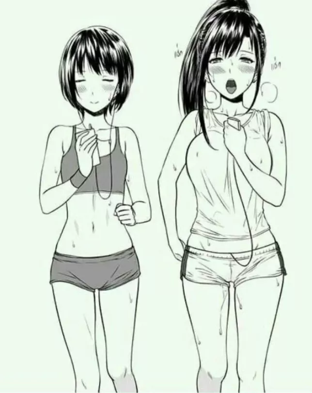 Mono 2girls, bare shoulders, breath, buruma, cameltoe, closed eyes, clothed, earphones, flat chest, large bouncing breasts, open mouth, ponytail, pussy juice, running/jogging, short/long black hair, shorts, smartphone/phone, sports bra, sportswear, sweat