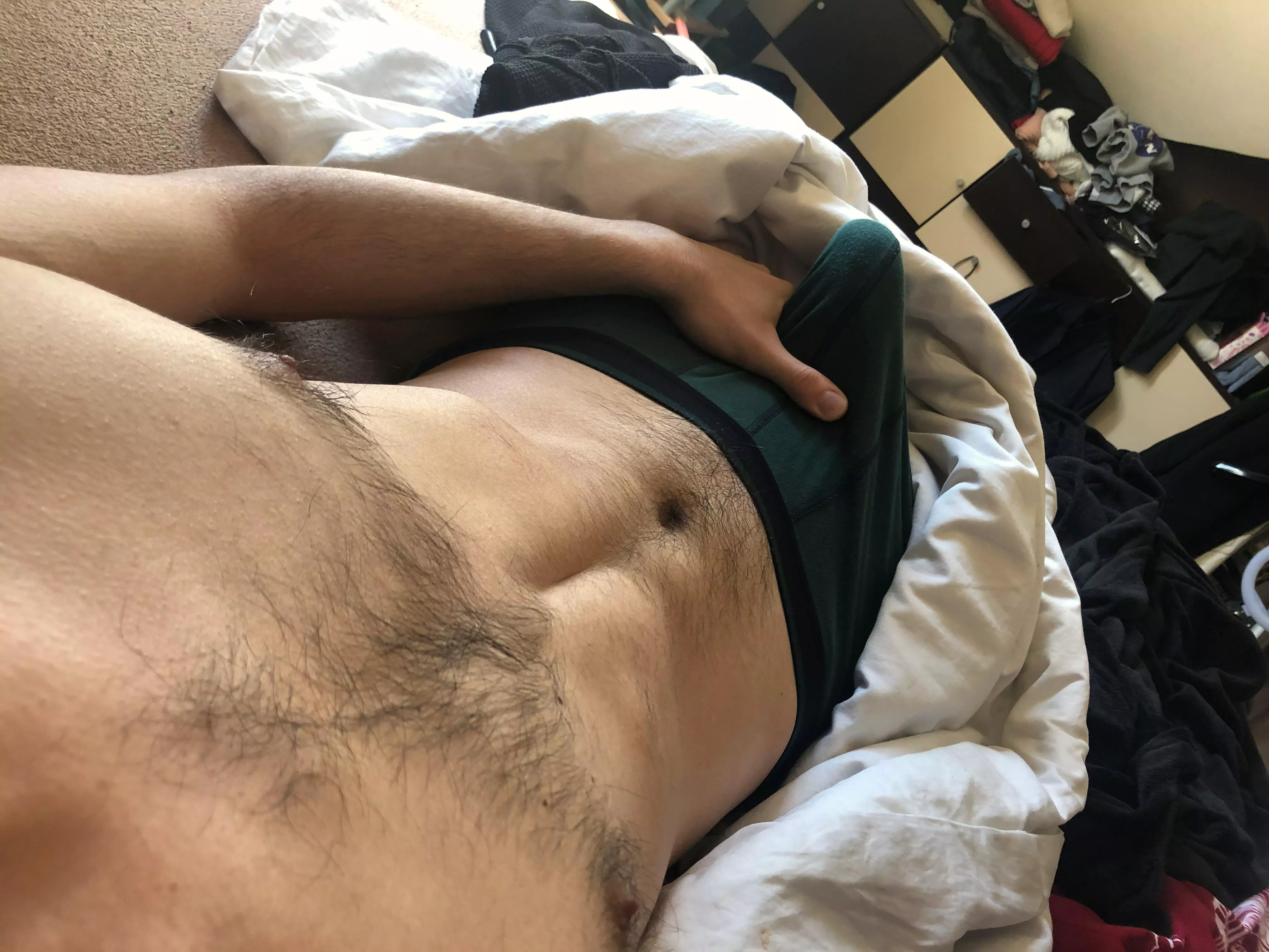 Morning bulge and cheast hair. 20 pm open