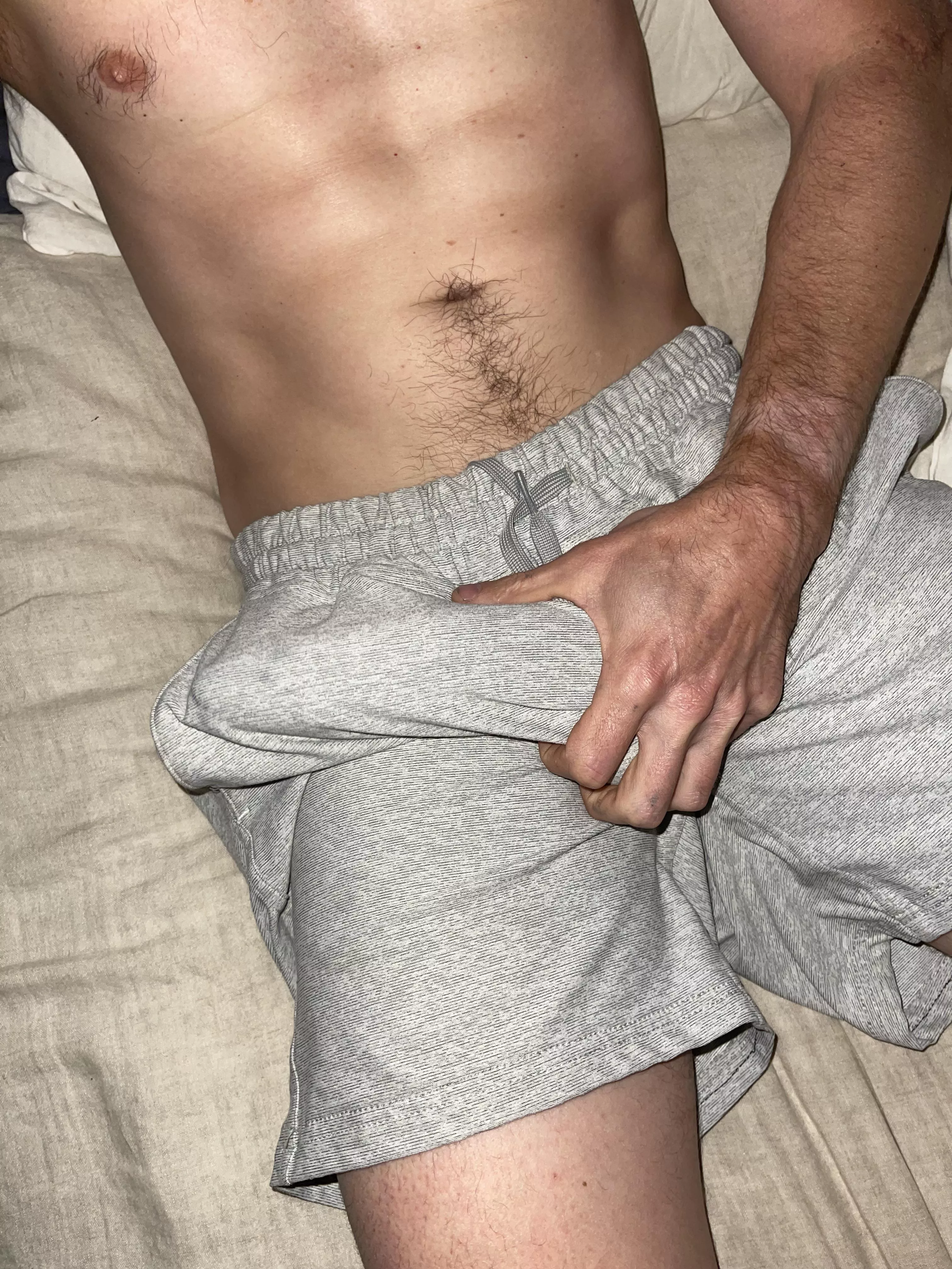 Morning wood in sweats bulge