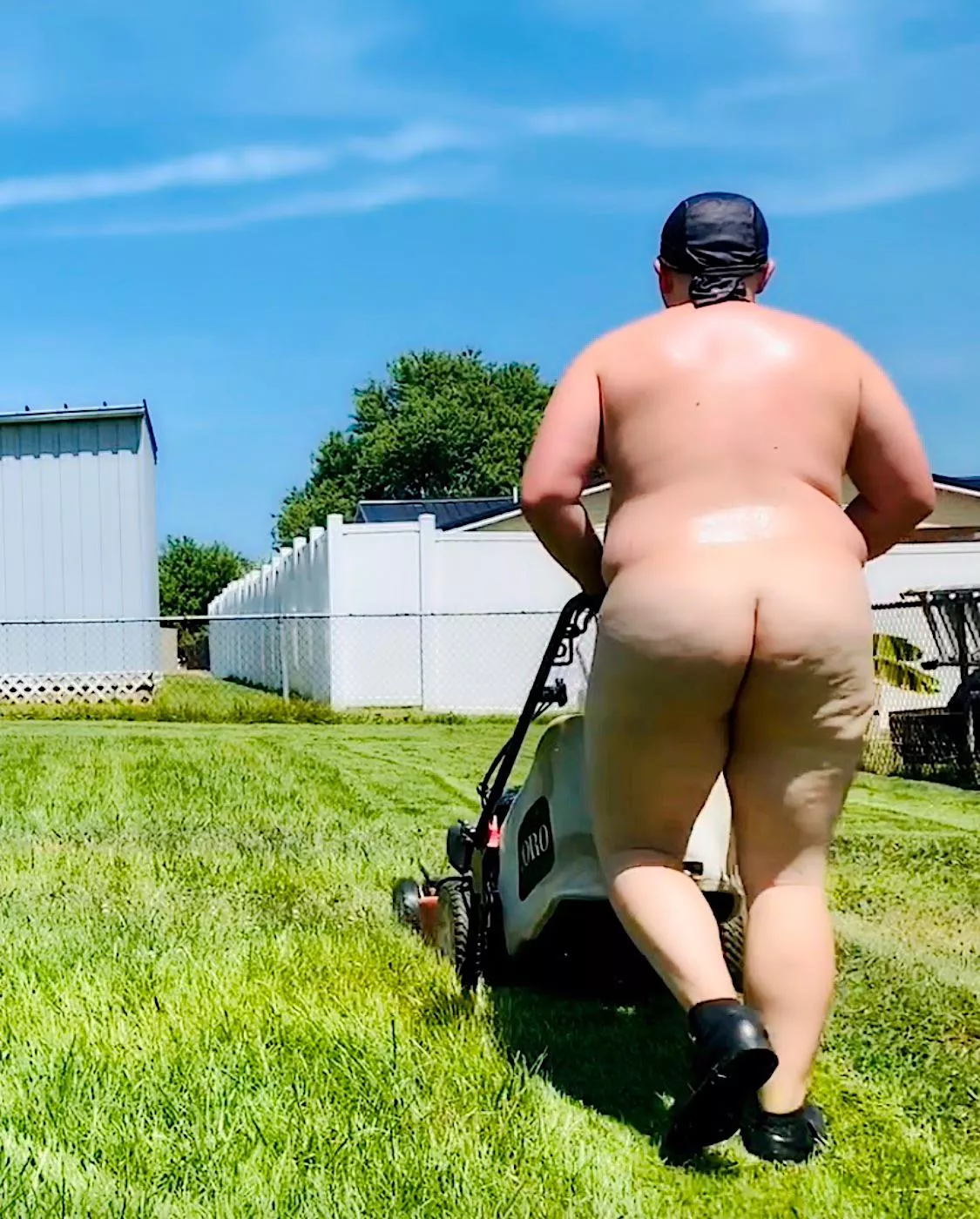 Mowing nude all sweaty 🥵