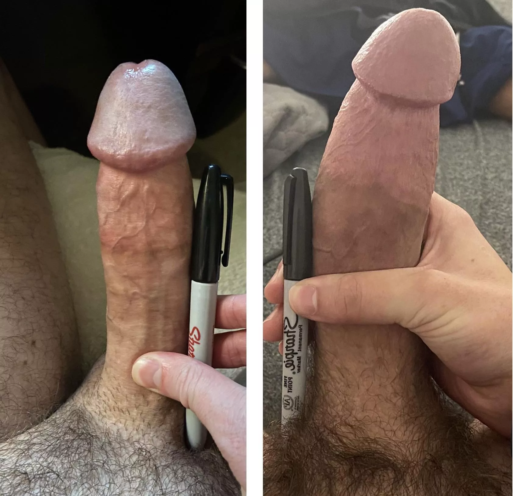 My cock (left) vs u/horsedickteen. Got completely humbled. What 7x5 vs 8x6 looks like