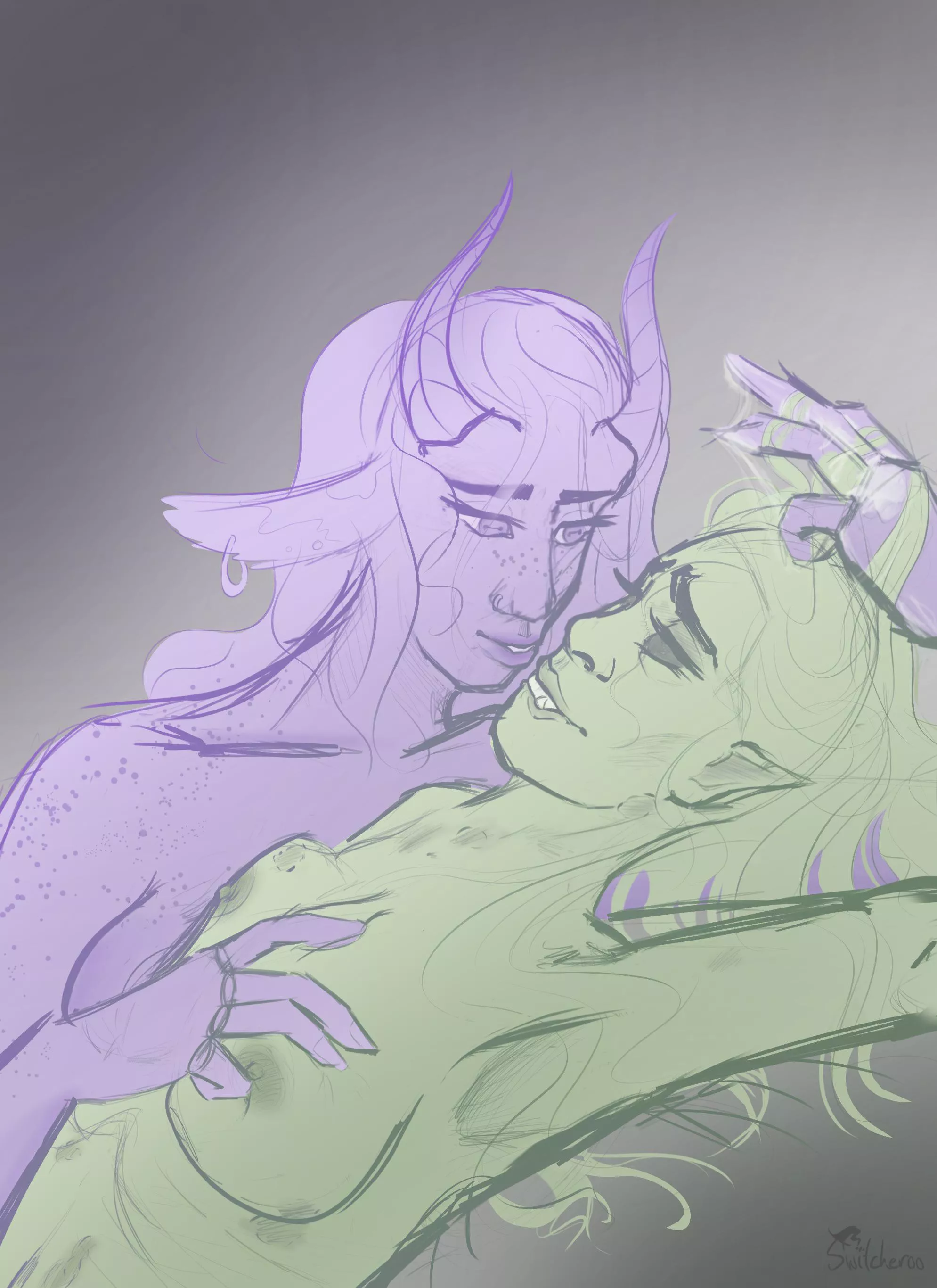 My first NSFW sketch! Oh, to be a satyr gal cuddling with her orc gf…