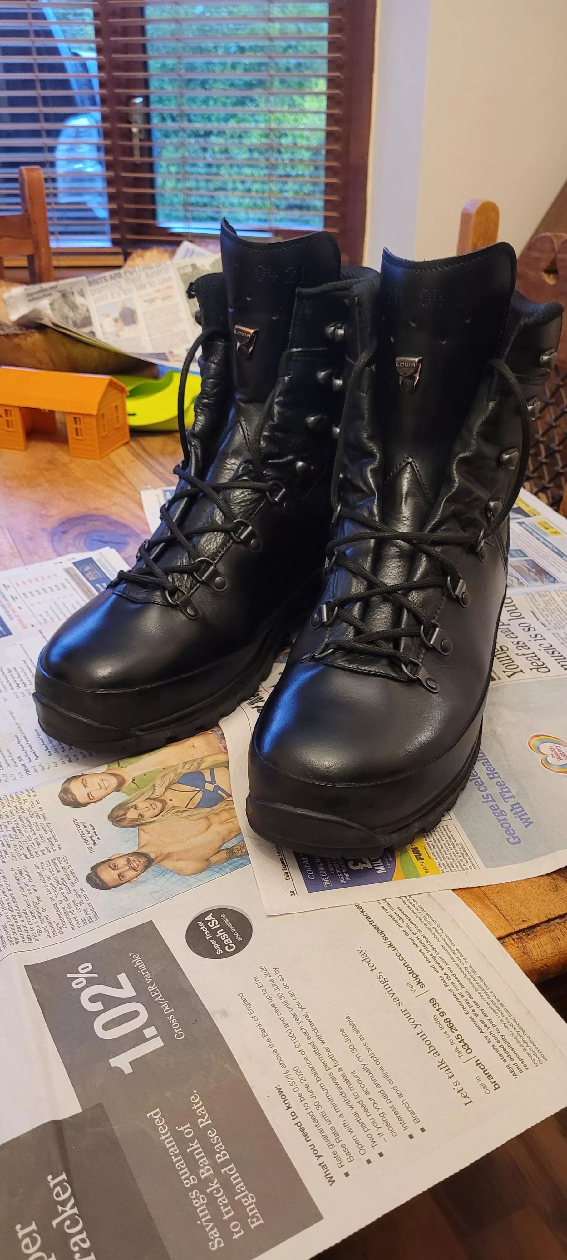 My freshly polished Lowa Mountain GTX boots. I'll give the rubber surround some TLC next time. Hoping these will outlive me.