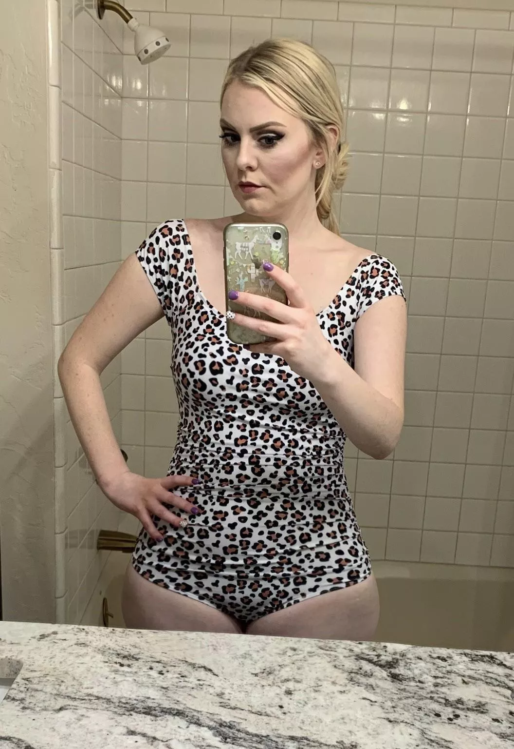 My petite 5’3 blonde wife in a one piece. She’s 28 and a mom of 3. What do you all think of her and WWYD?