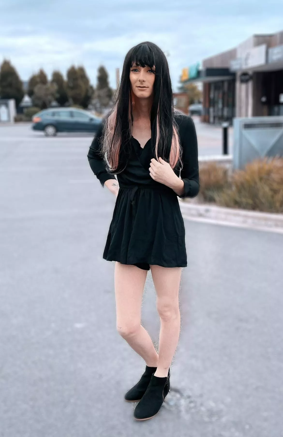 My post yesterday was my second â€œOfficialâ€ set of photos & doing my complete transformation & going outside. This is a photo from my first time, and shows my full body, before I got my new purple wig I love! Finally accepted myself and made a