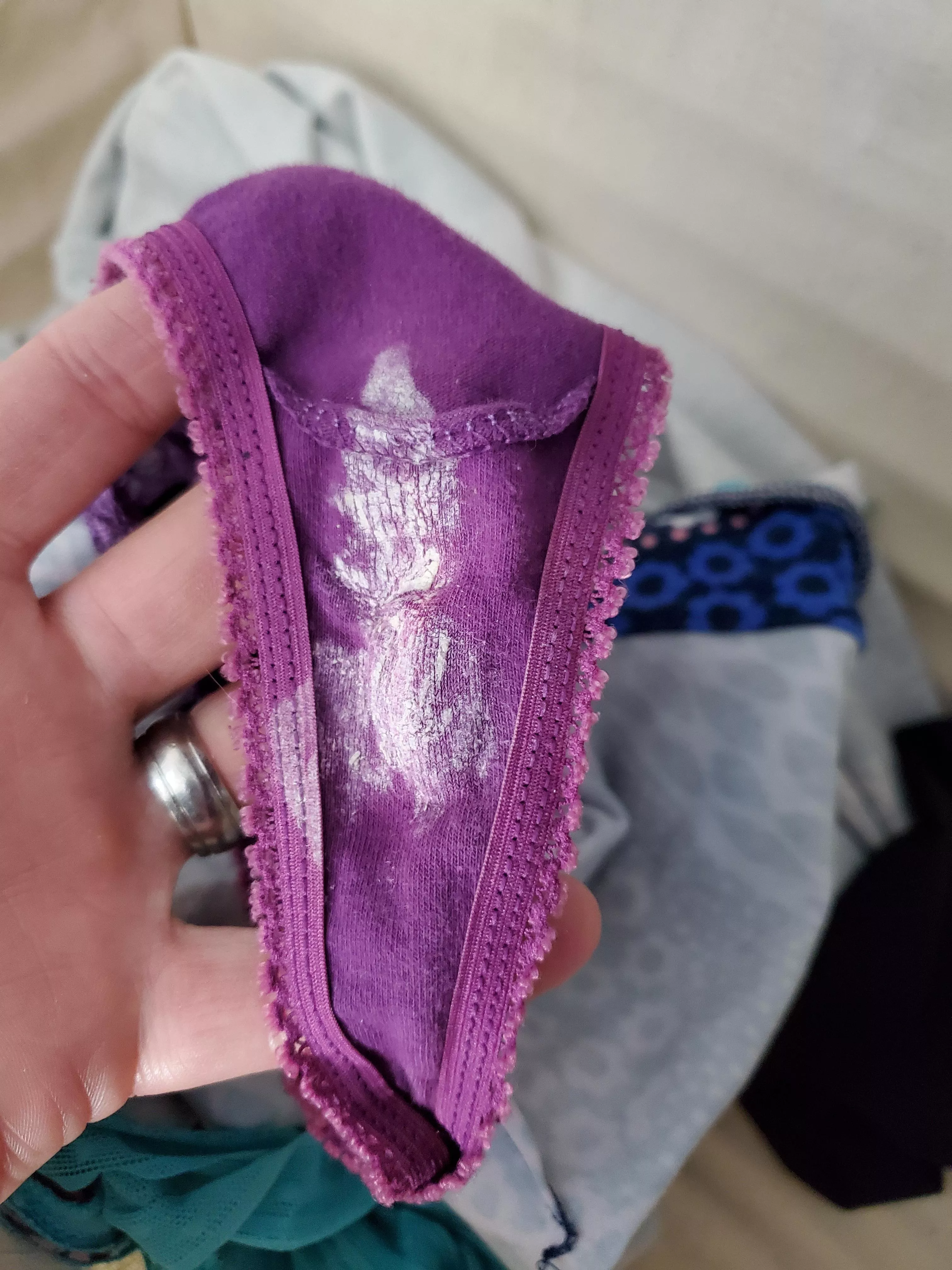 My wife's little thong after I filled her pussy early this morning and she wore them all day