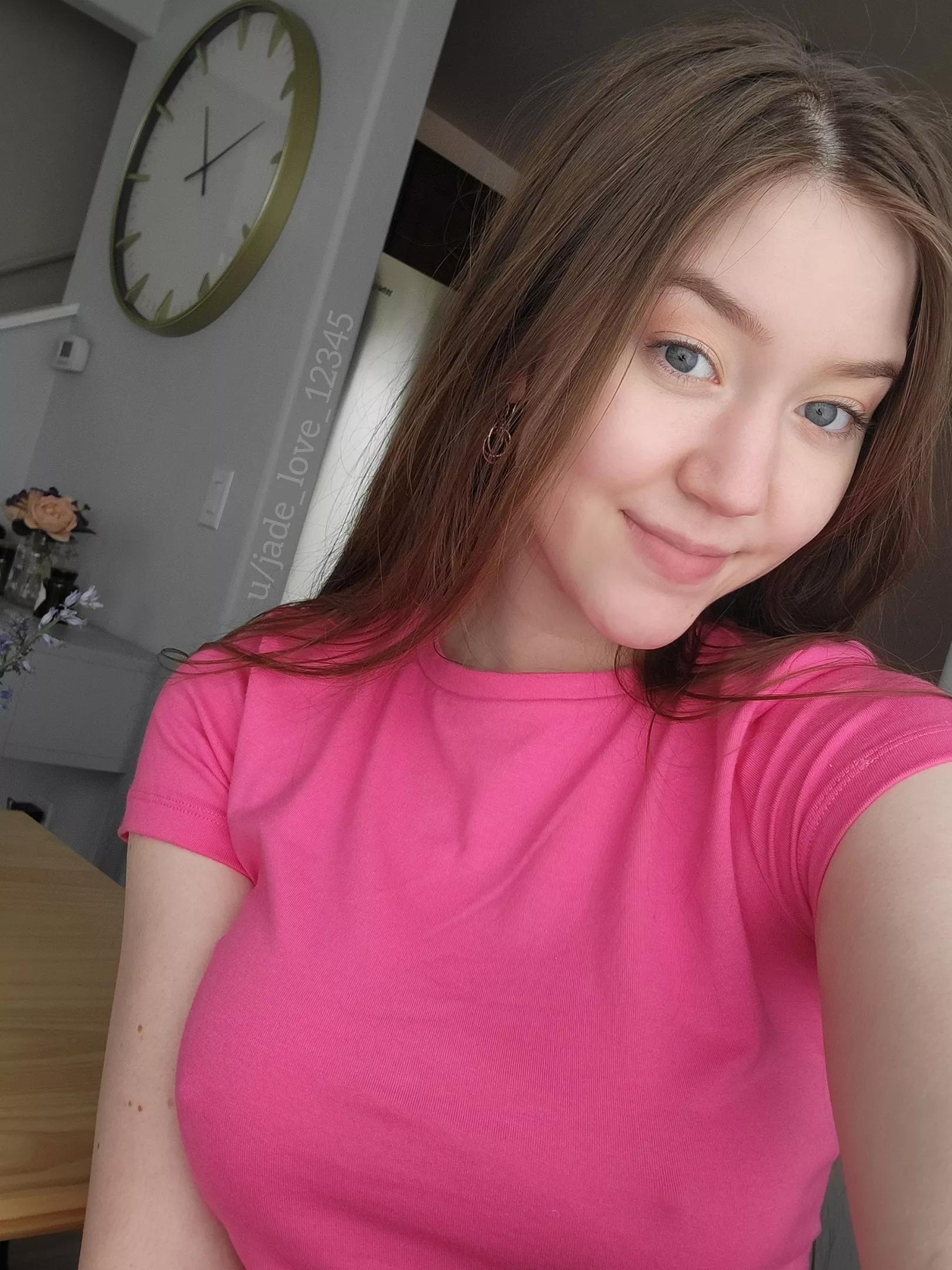 No bra under my pink t-shirt