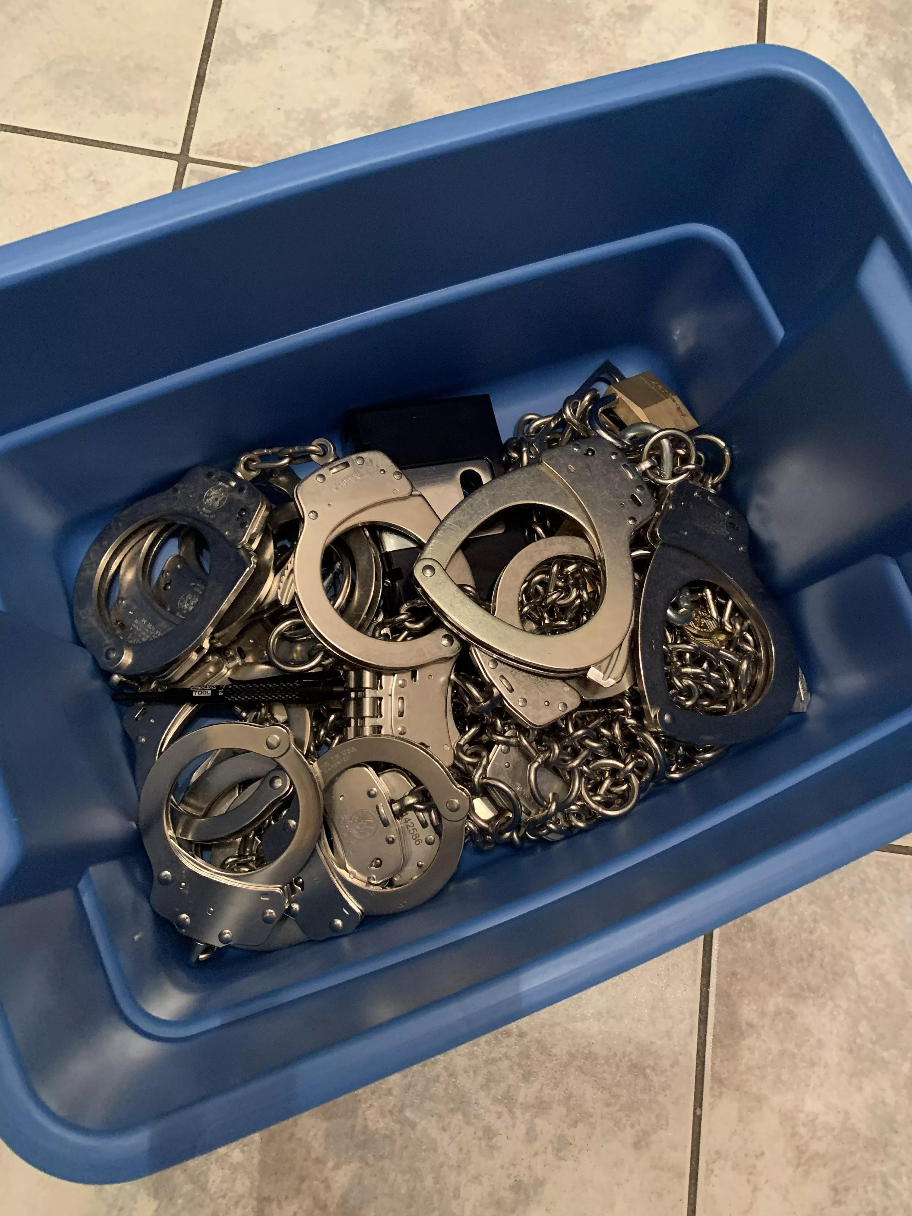 Nothing better then a bin full of handcuffs except them on someone!