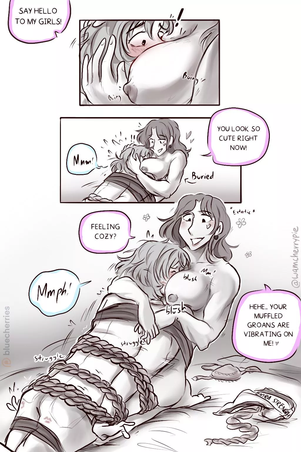 [OC]: Comic - sub is tied to their domme so that their face is pressed into their domme’s boobs ♡