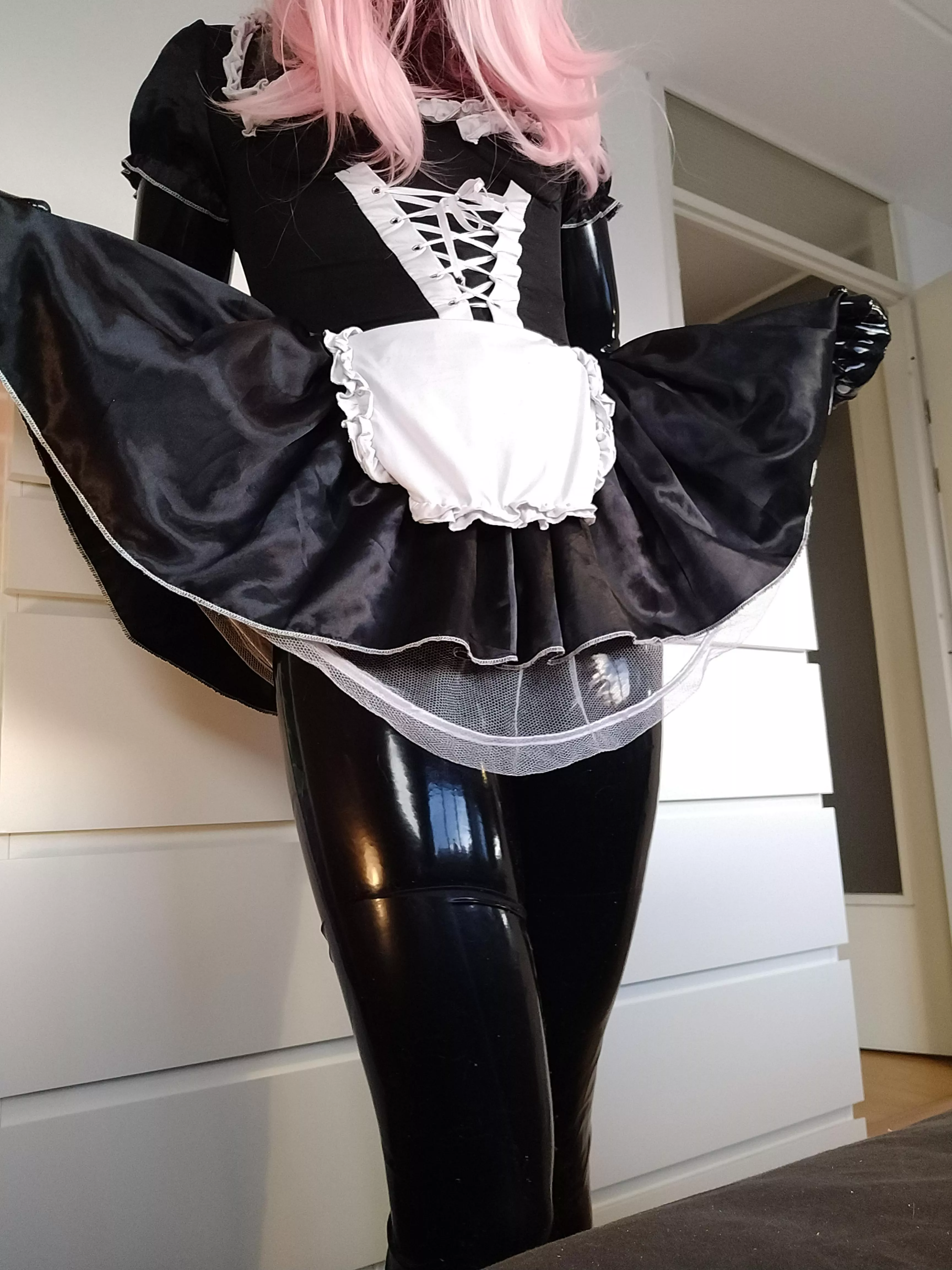 [OC] latex catsuit + maid dress 💜