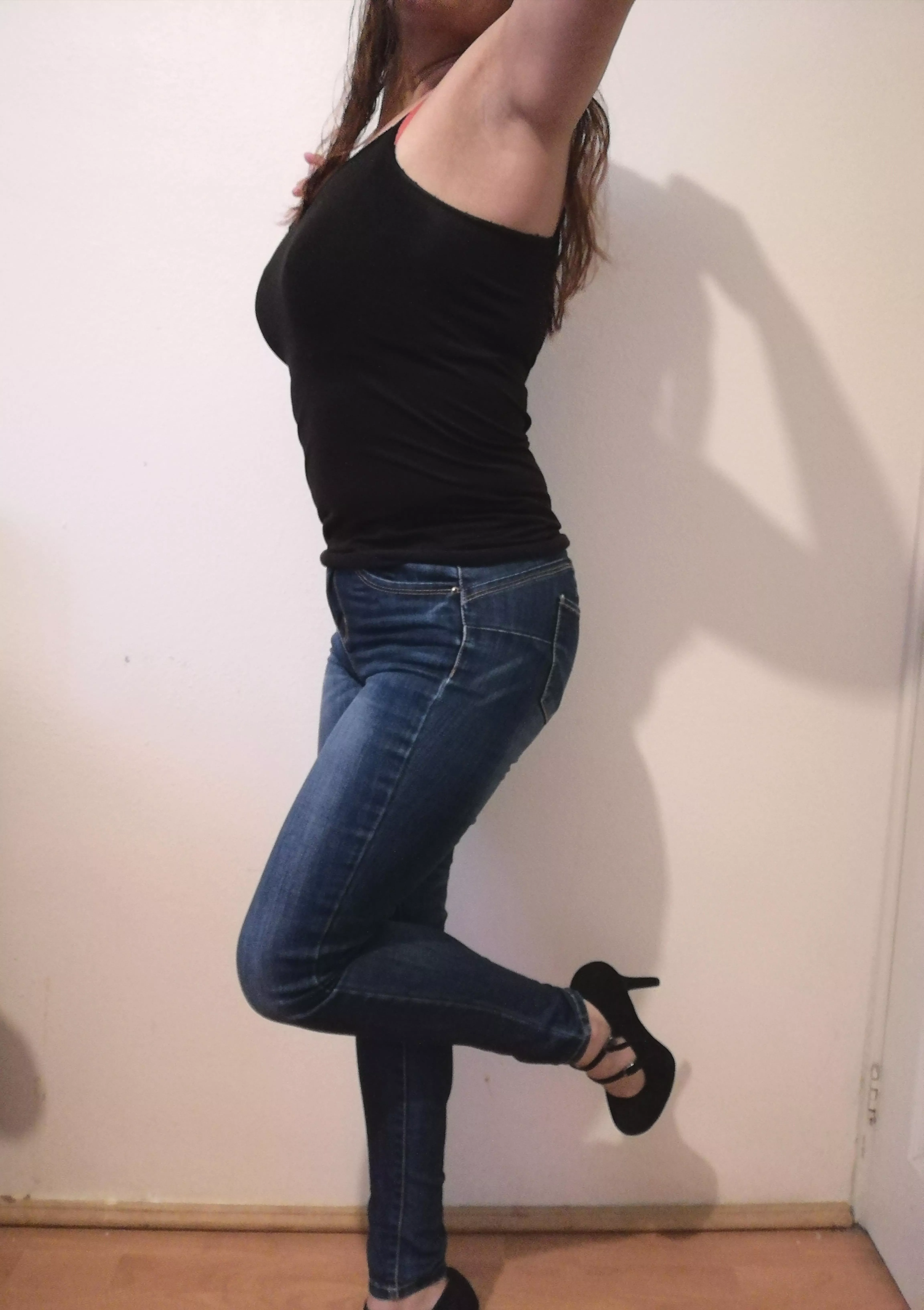 on highheels and jeans