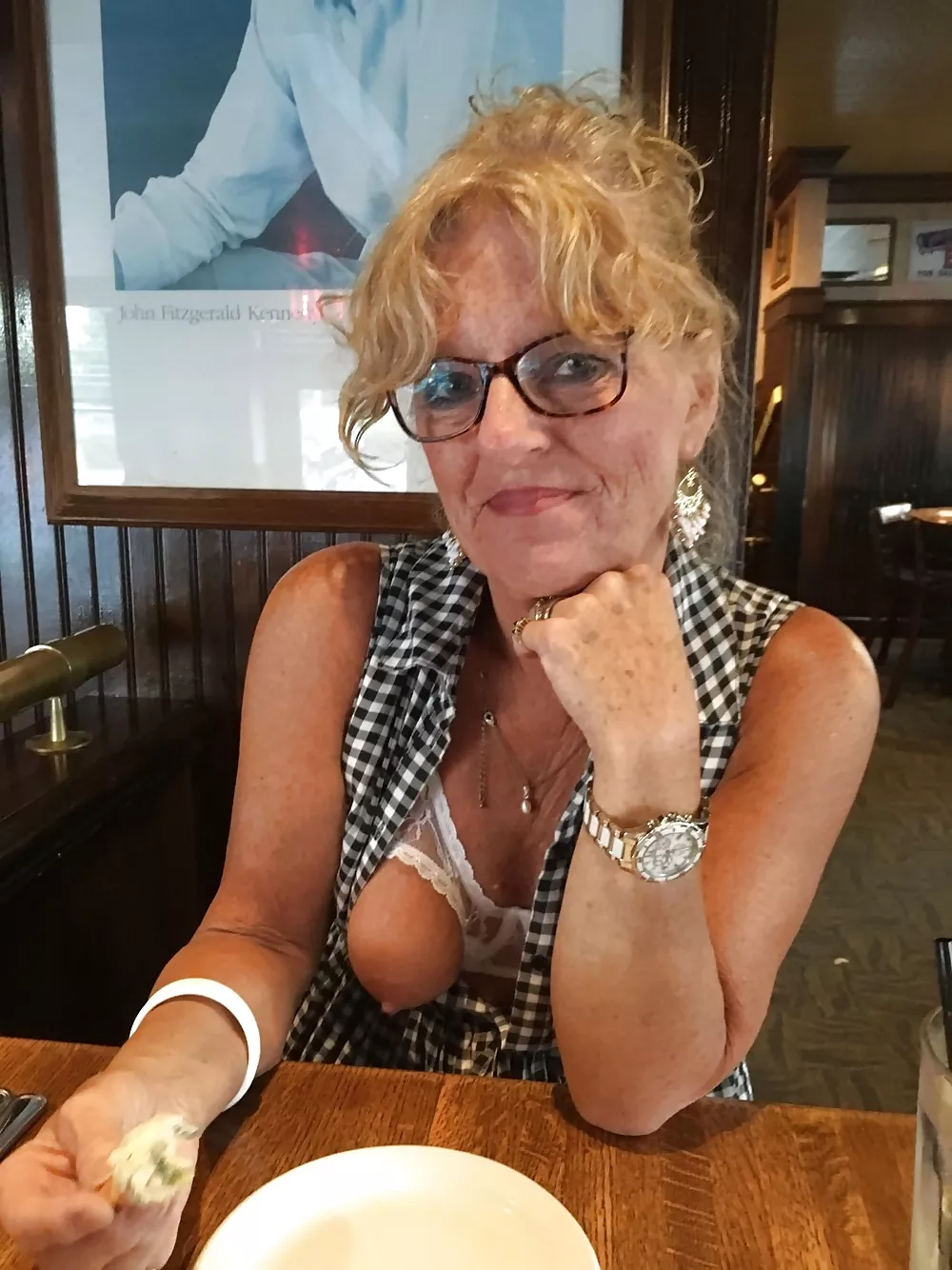 One boob at restaurant...