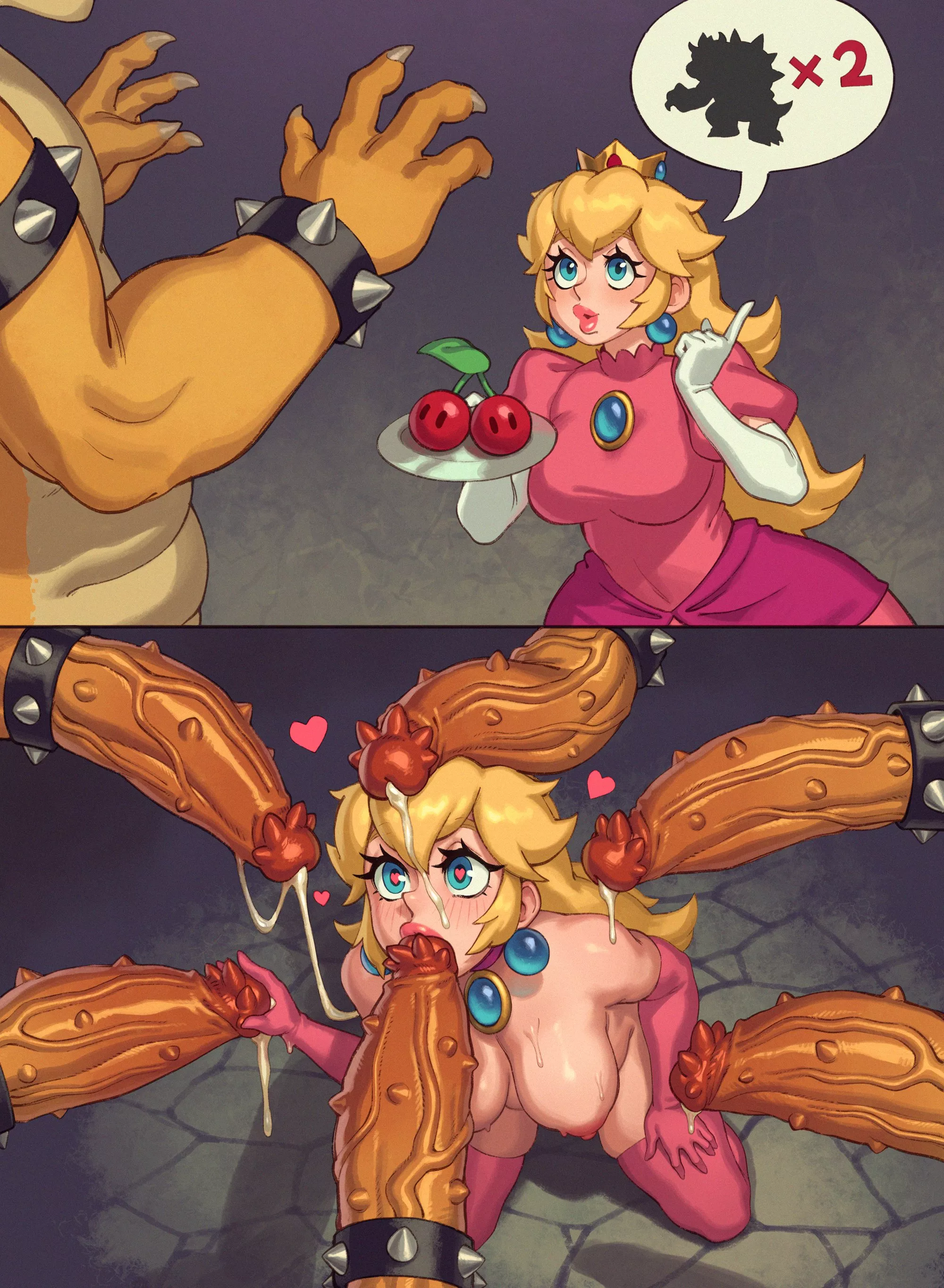 Peach blowbangs multiple Bowsers (Rizdraws)