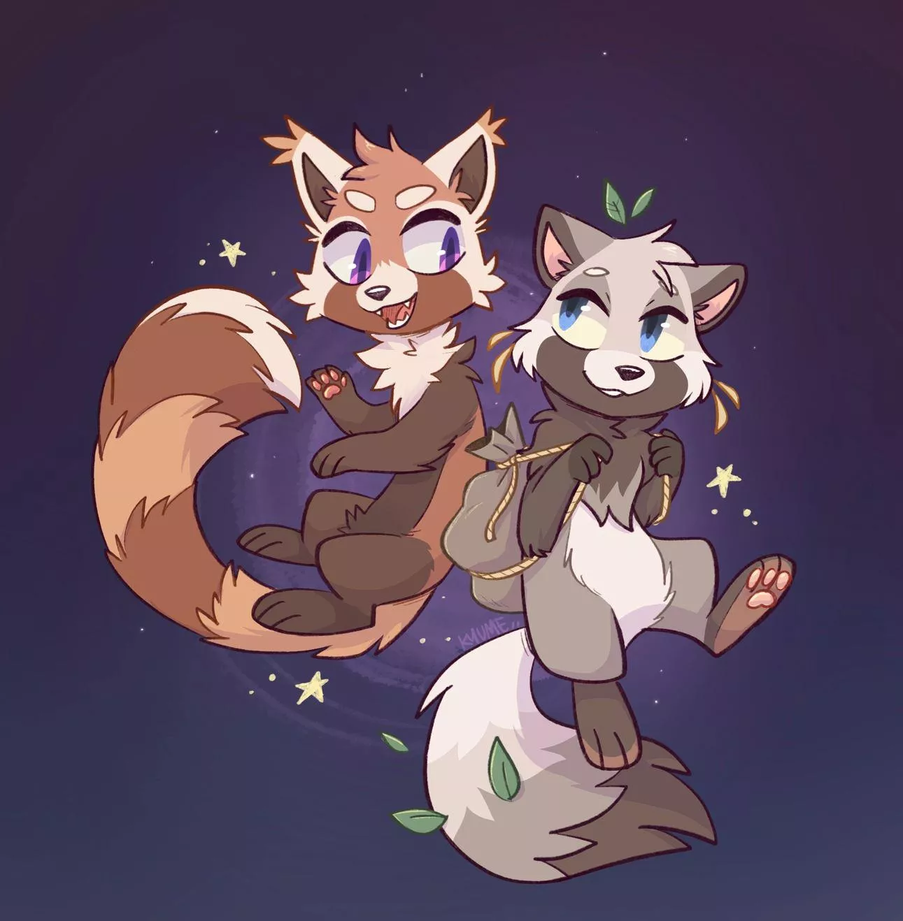 Pepper the red panda and Marron the tanuki! Chibis are fun to draw :> [art by me @kazunekomori on twitter]