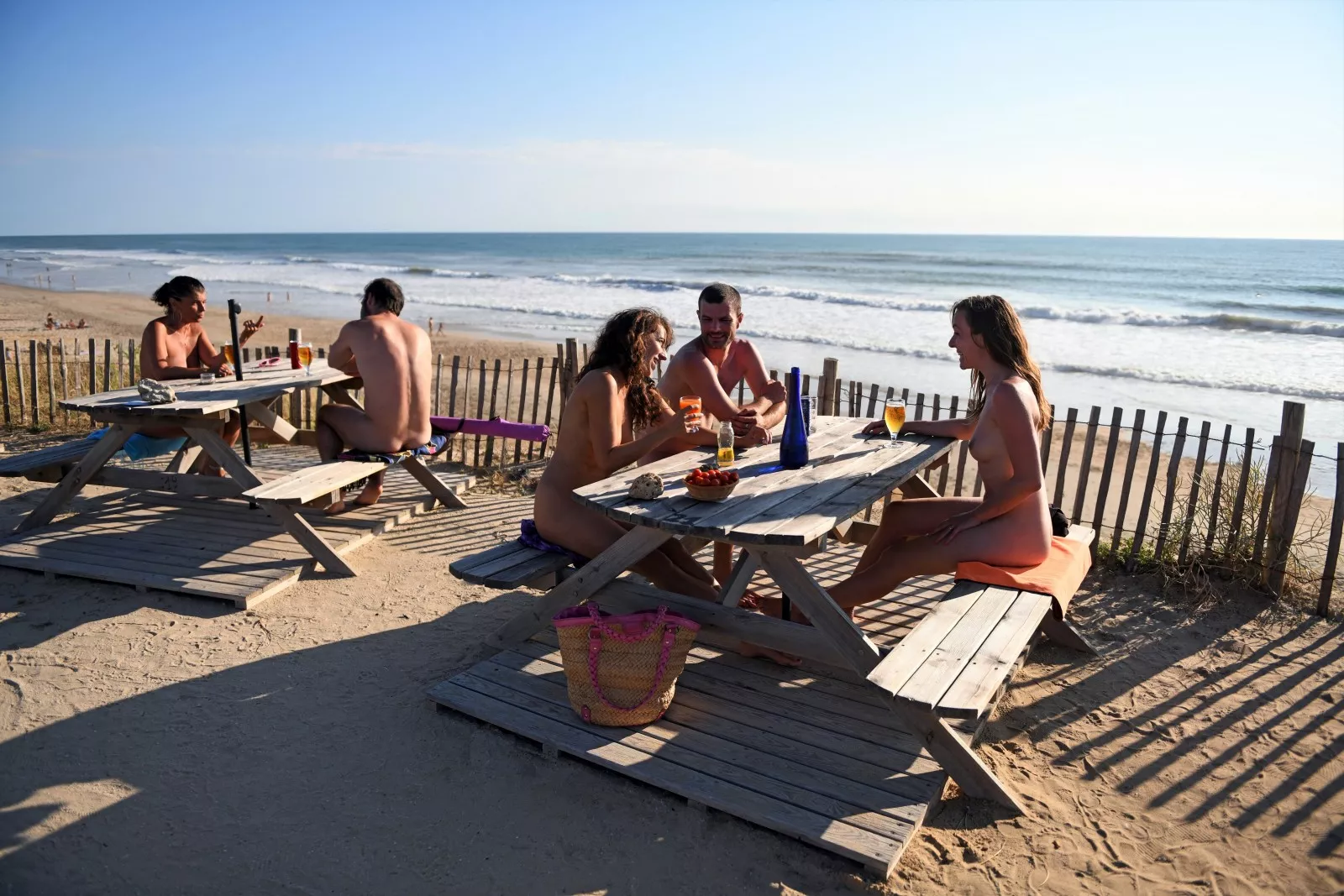 Picnic tables near the south beach at Euronat, France.