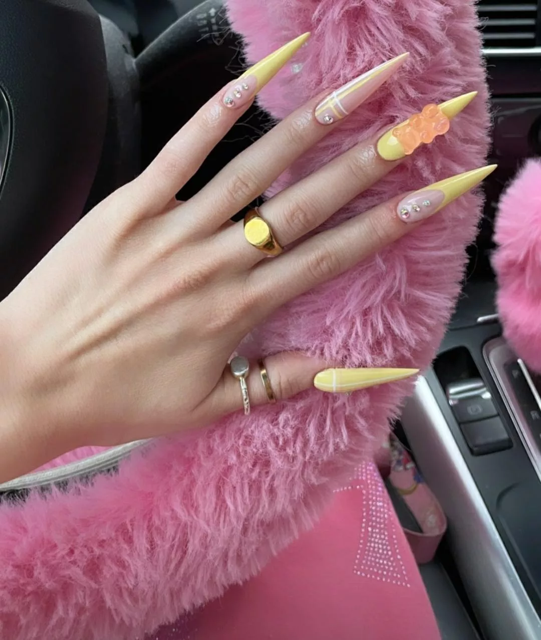 Pink aesthetic yellow nails w/gummy bear