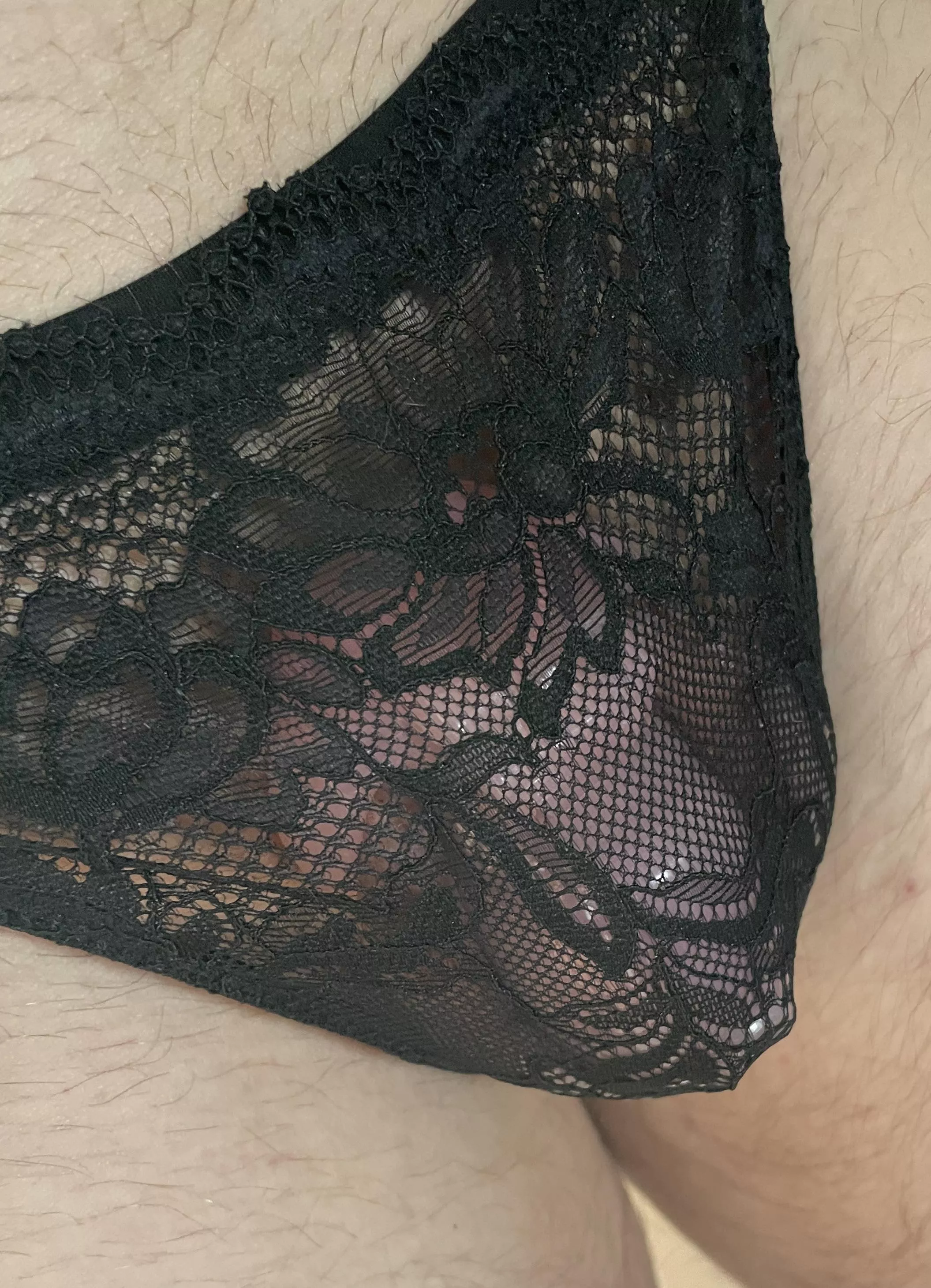 Pink cage and lacy panties at work today.